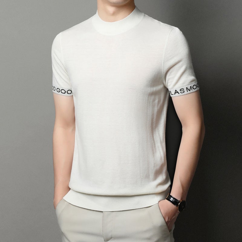 Short-sleeved sweater men's T-shirt all wool 2023 spring and summer wear young and middle-aged men's base sweater semi-turtleneck sweater - Image 1