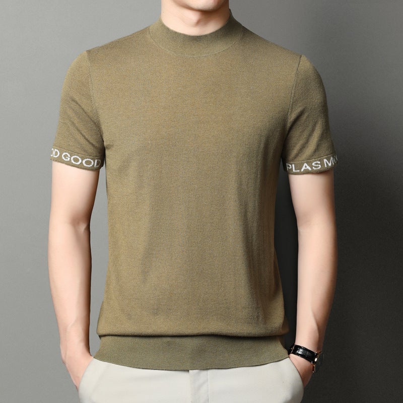 Short-sleeved sweater men's T-shirt all wool 2023 spring and summer wear young and middle-aged men's base sweater semi-turtleneck sweater - Image 5