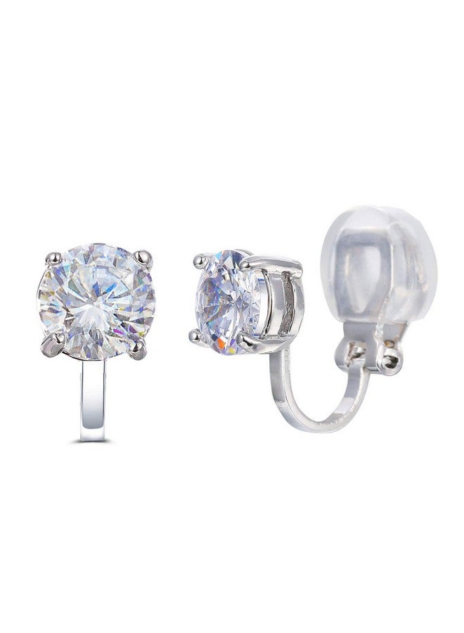 SELOVO Prong Setting 6Mm Round Cubic Zirconia Clip On Stud Earrings Silver Tone - Image 1