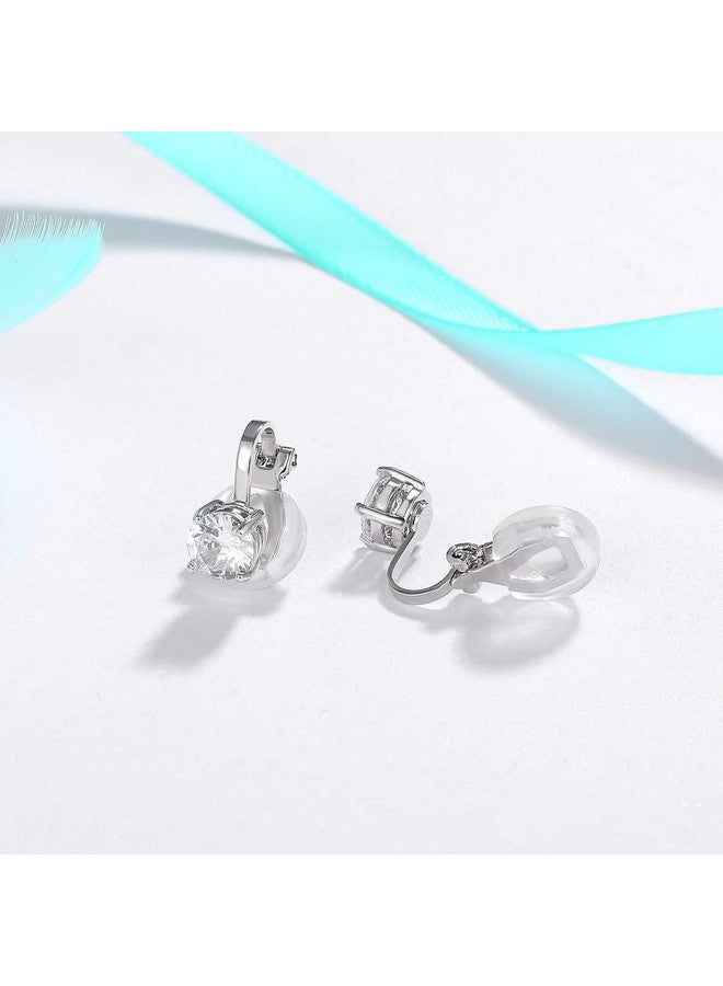 SELOVO Prong Setting 6Mm Round Cubic Zirconia Clip On Stud Earrings Silver Tone - Image 4