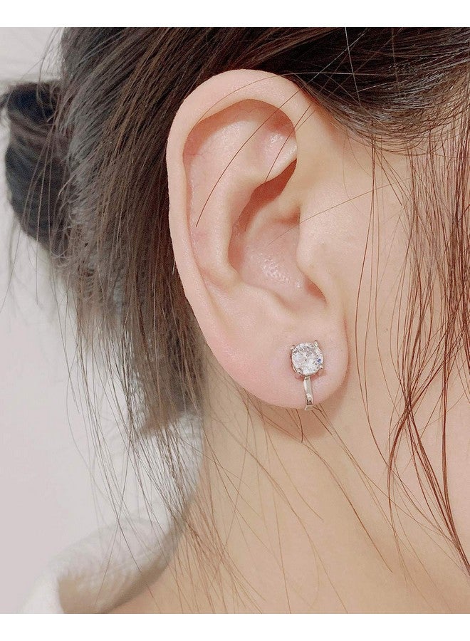 SELOVO Prong Setting 6Mm Round Cubic Zirconia Clip On Stud Earrings Silver Tone - Image 2