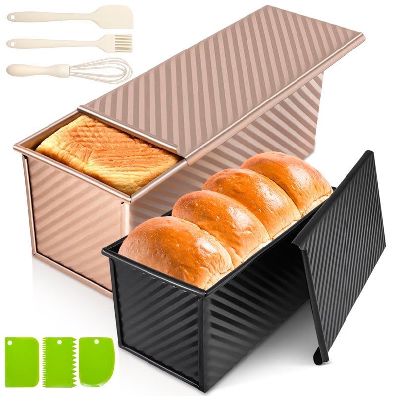 Dipanist 2Pack Pullman Loaf Pans with Lids â€“ 2.2 LB & 1 LB Dough Capacity, Non-Stick Carbon Steel Bread Pans for Homemade Sandwich and Sourdough Bread, Corrugated Toast Mold - Image 1