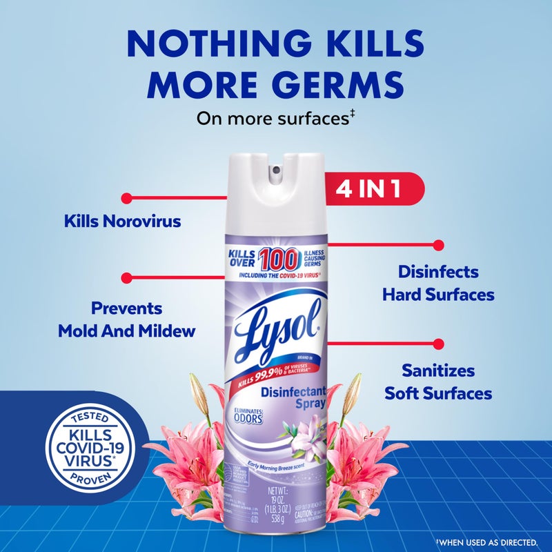 Lysol بخاخ مطهر ليسول، بخاخ تعقيم ومضاد للبكتيريا، للتعقيم وإزالة الروائح، نسيم الصباح الباكر، 19 أونصة سائلة (عبوة من 2)، قد يختلف التعبئة - Image 2