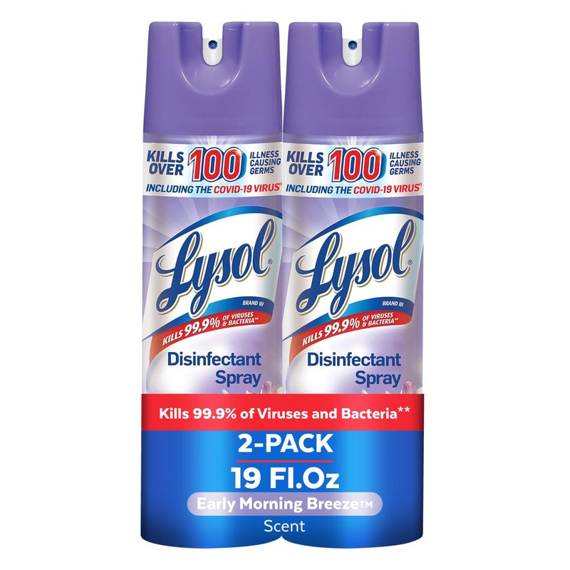 Lysol بخاخ مطهر ليسول، بخاخ تعقيم ومضاد للبكتيريا، للتعقيم وإزالة الروائح، نسيم الصباح الباكر، 19 أونصة سائلة (عبوة من 2)، قد يختلف التعبئة - Image 1