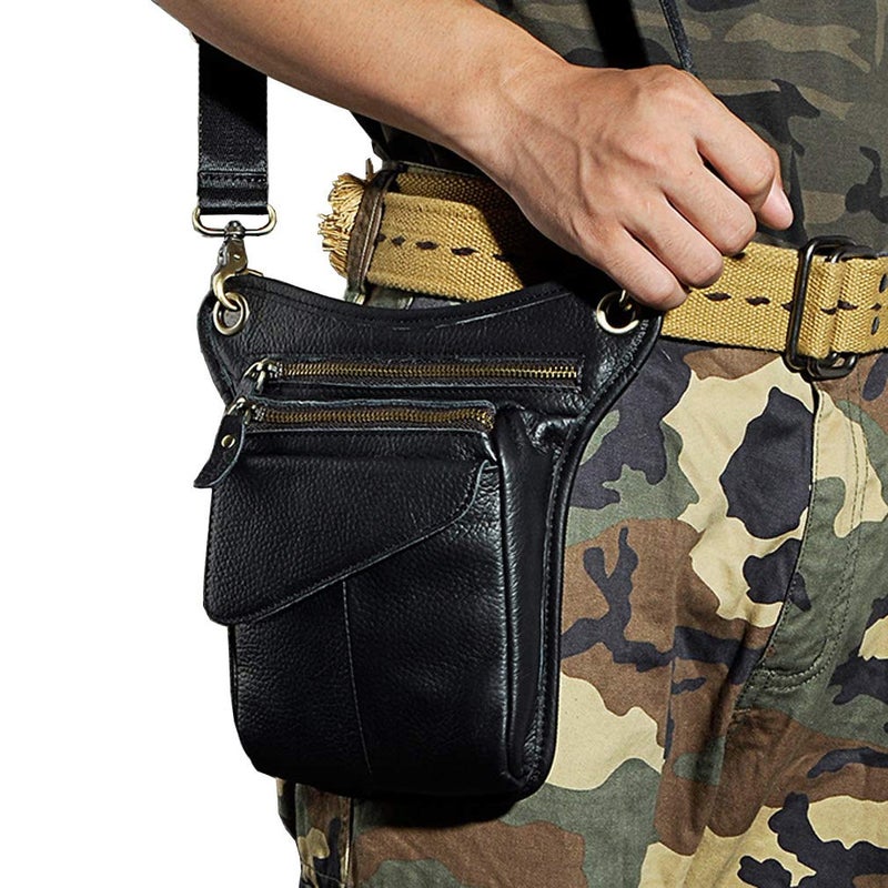 Hebetag حقيبة خصر جلدية قابلة للتعليق للساق للرجال والنساء حزام حقيبة متعددة الأغراض للدراجات النارية والرياضات الخارجية والتكتيكية وركوب الدراجات والمشي والتخييم حقيبة نهارية سوداء - Image 3