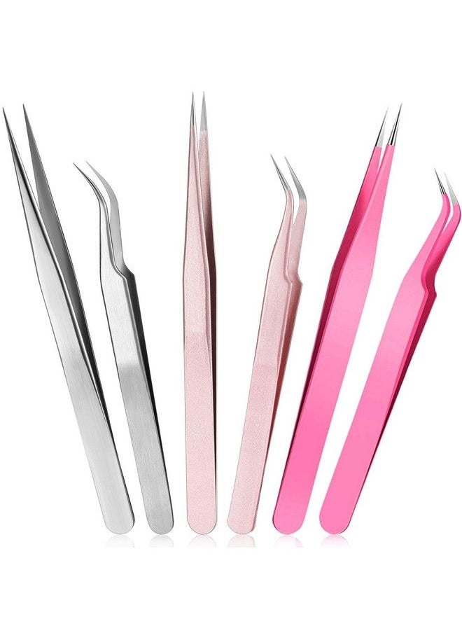 Mudder - 6 Pieces Eyelash Extension Tweezers Straight And Curved Tip Stainless Steel Tweezers Nippers Volume Lash Tweezers For Eyelash Extensions False Lash Application Tools (Colorful) - Image 1