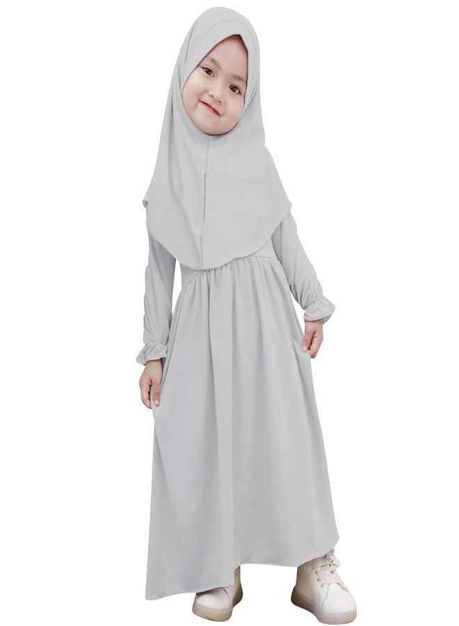 ODIZLI Infant Baby Girls Abaya Dress with Hijab Long Bell Sleeve Ruffle Dresses Eid Ramadan Dress For Baby Girl Milk Silk Clothes Prayer Dress Baby Girl Muslim Clothes Abayas Gray Solid 18-24 Months - Image 1