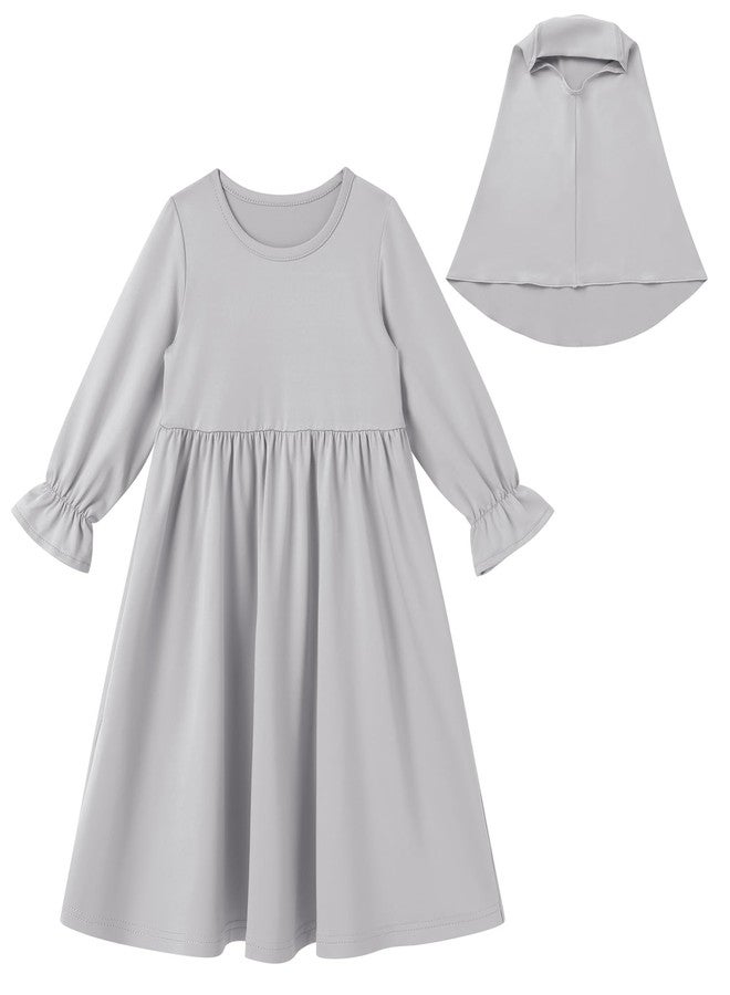 ODIZLI Infant Baby Girls Abaya Dress with Hijab Long Bell Sleeve Ruffle Dresses Eid Ramadan Dress For Baby Girl Milk Silk Clothes Prayer Dress Baby Girl Muslim Clothes Abayas Gray Solid 18-24 Months - Image 2
