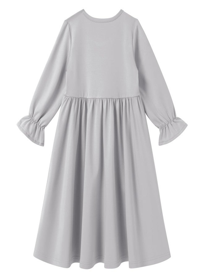 ODIZLI Infant Baby Girls Abaya Dress with Hijab Long Bell Sleeve Ruffle Dresses Eid Ramadan Dress For Baby Girl Milk Silk Clothes Prayer Dress Baby Girl Muslim Clothes Abayas Gray Solid 18-24 Months - Image 4