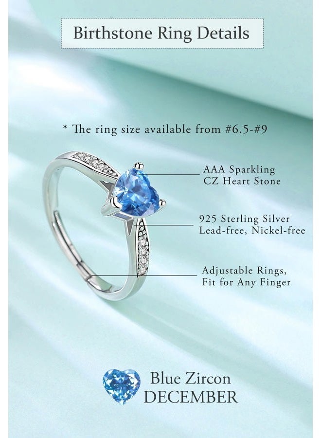 VITO 925 Sterling Silver Birthstone Rings for Women Girls Adjustable Open Heart Cubic Zirconia 12 Months Birthstone Ring Jewelry Valentine's Day Mother Wife Daughter Silver Zircon CZ - Image 3
