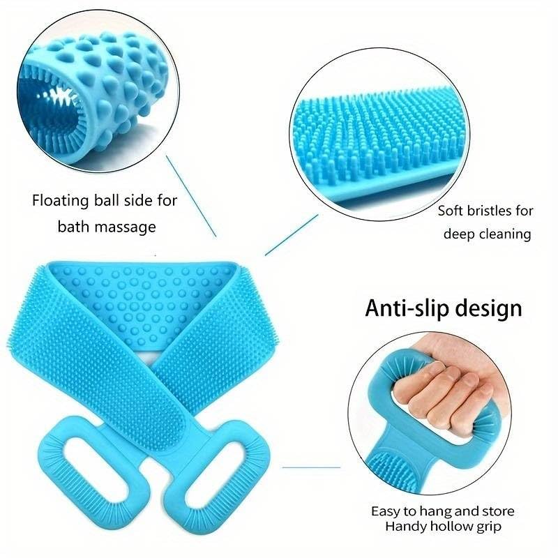 FIGMENT Silicone Body Back Scrubber - Blue Double Side Bathing Brush for Skin Deep Cleaning Massage | Dead Skin Removal Exfoliating Belt for Shower| Back Body Scruber - Image 5