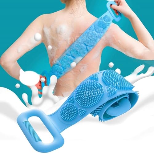 FIGMENT Silicone Body Back Scrubber - Blue Double Side Bathing Brush for Skin Deep Cleaning Massage | Dead Skin Removal Exfoliating Belt for Shower| Back Body Scruber - Image 1