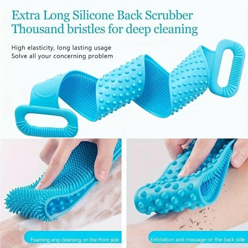 FIGMENT Silicone Body Back Scrubber - Blue Double Side Bathing Brush for Skin Deep Cleaning Massage | Dead Skin Removal Exfoliating Belt for Shower| Back Body Scruber - Image 3