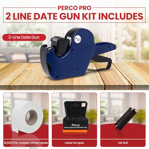 Perco Pro 2 Line Date Gun Labeler Kit, Includes 16 Digits Label Gun, 10,500 White Labels, Inker Remover Tool, and Pre-Loaded Ink Roll - Image 2