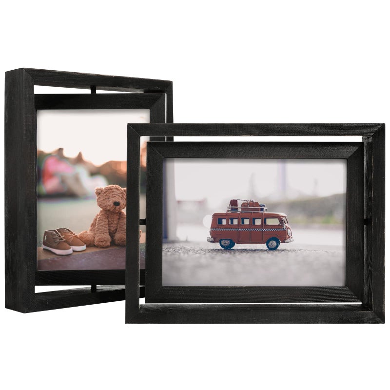 Egofine Egofine 2 Pack 5x7 Rotating Floating Picture FramesDoubleSided Display with HD Glass Front Wooden Distressed Frame for Vertical or Horizontal Tabletop Display Black 