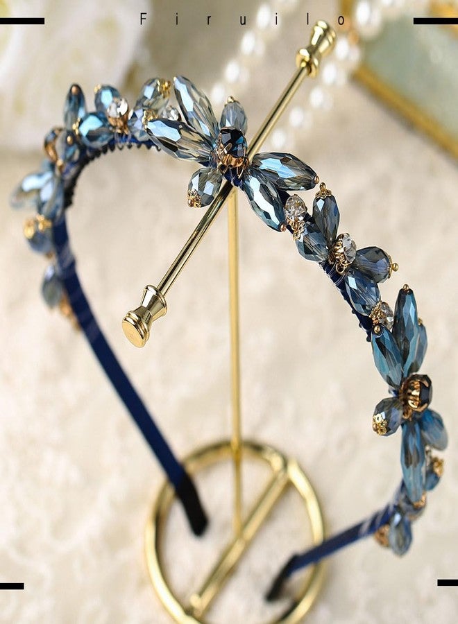 Firuilo Rhinestones Headband Sparkly Crystal Flower Hairbands Blue Beaded Headpieces Holiday Costume Hair Accessories for Women - Image 2