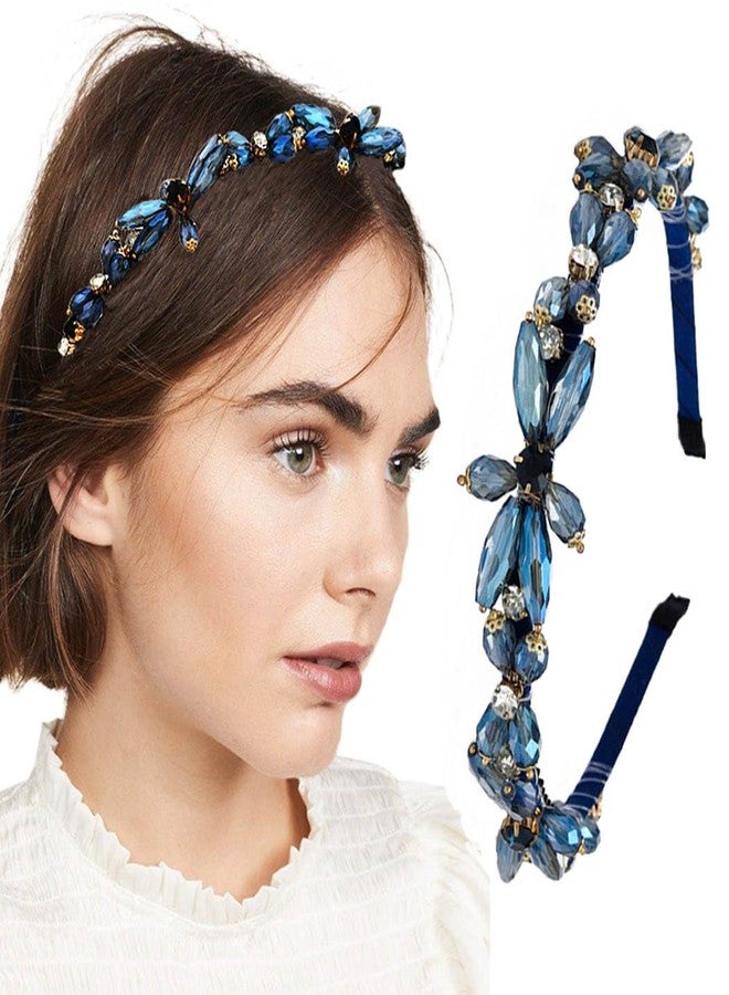 Firuilo Rhinestones Headband Sparkly Crystal Flower Hairbands Blue Beaded Headpieces Holiday Costume Hair Accessories for Women - Image 1