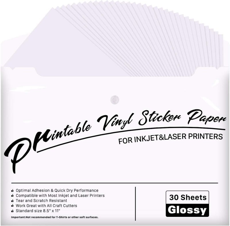 JANDJPACKAGING Printable Vinyl for Inkjet & Laser Printer - 30 Pack Printable Vinyl Sticker Paper Glossy White - Standard Letter Size 8.5"x11" - Image 1