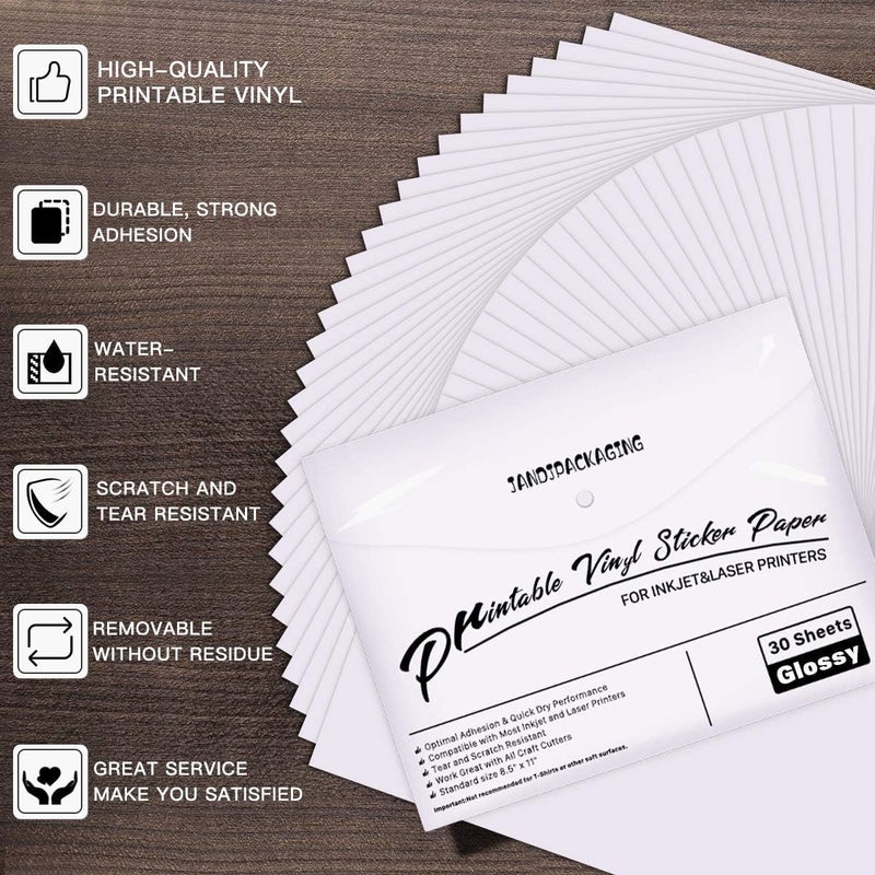 JANDJPACKAGING Printable Vinyl for Inkjet & Laser Printer - 30 Pack Printable Vinyl Sticker Paper Glossy White - Standard Letter Size 8.5"x11" - Image 3