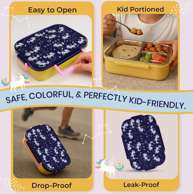 SOLARA Premium Stainless Steel Lunch Box for Kids, with 3 Compartments, Leak Proof, Steel Tiffin Box for School Boys/Girls, BPA-Free & Food Safe, Ideal for Meals & Snacks, Unicorn - Image 3