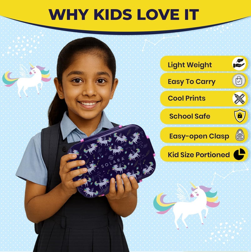 SOLARA Premium Stainless Steel Lunch Box for Kids, with 3 Compartments, Leak Proof, Steel Tiffin Box for School Boys/Girls, BPA-Free & Food Safe, Ideal for Meals & Snacks, Unicorn - Image 5