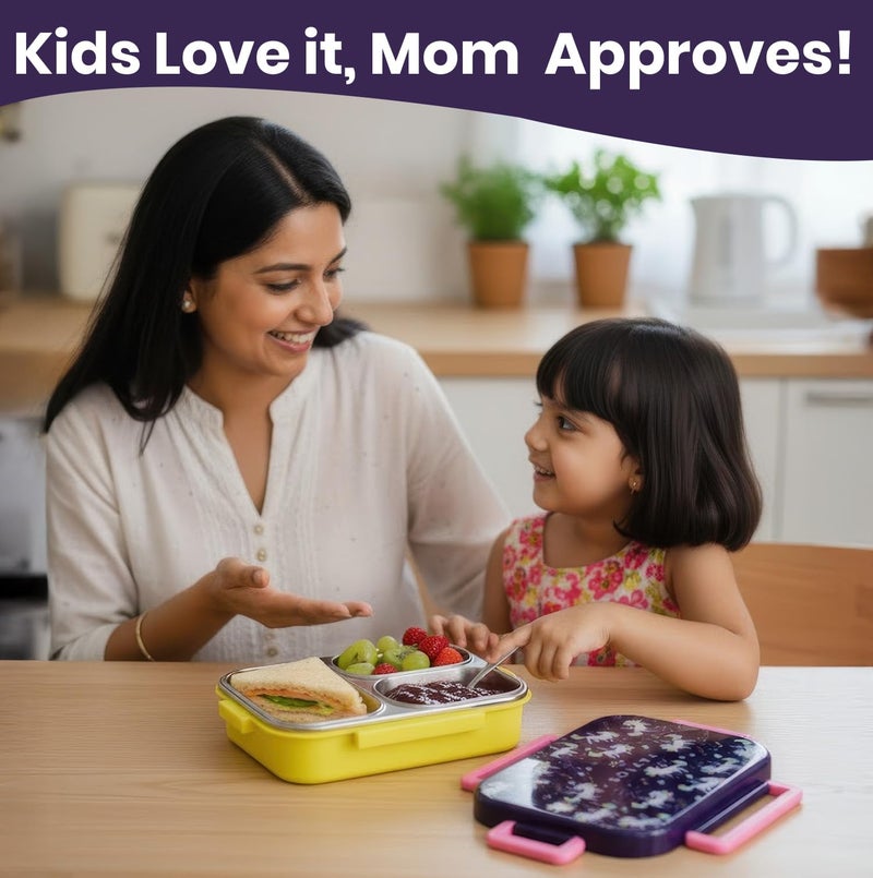 SOLARA Premium Stainless Steel Lunch Box for Kids, with 3 Compartments, Leak Proof, Steel Tiffin Box for School Boys/Girls, BPA-Free & Food Safe, Ideal for Meals & Snacks, Unicorn - Image 2