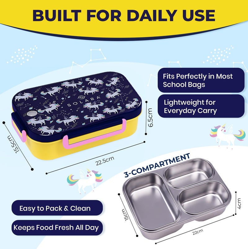 SOLARA Premium Stainless Steel Lunch Box for Kids, with 3 Compartments, Leak Proof, Steel Tiffin Box for School Boys/Girls, BPA-Free & Food Safe, Ideal for Meals & Snacks, Unicorn - Image 4