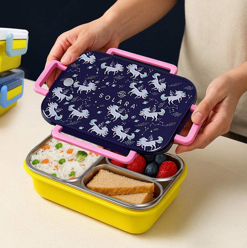 SOLARA Premium Stainless Steel Lunch Box for Kids, with 3 Compartments, Leak Proof, Steel Tiffin Box for School Boys/Girls, BPA-Free & Food Safe, Ideal for Meals & Snacks, Unicorn - Image 1