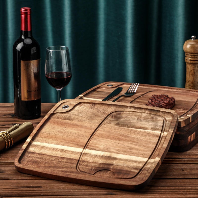 Uiifan Uiifan Steak Plates with Juice Channel Wooden Steak Board Set Large Steak Plates Acacia Wood Cutting Board Wood Serving Board for Eating Valentine Home Meat Dishes Snack Dessert Gift  - Image 5