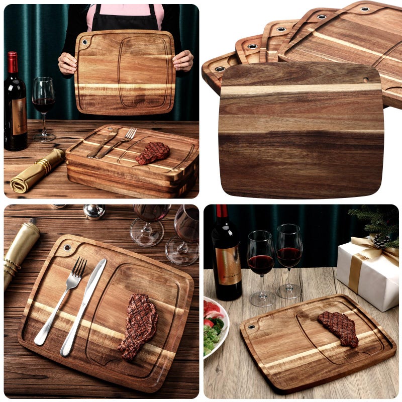 Uiifan Steak Plates with Juice Channel Wooden Steak Board Set Large Steak Plates Acacia Wood Cutting Board Wood Serving Board for Eating Valentine Home Meat Dishes Snack Dessert Gift