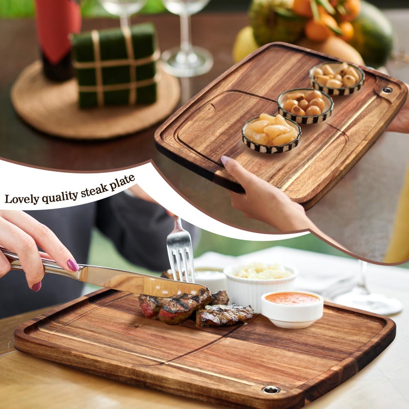 Uiifan Uiifan Steak Plates with Juice Channel Wooden Steak Board Set Large Steak Plates Acacia Wood Cutting Board Wood Serving Board for Eating Valentine Home Meat Dishes Snack Dessert Gift  - Image 4
