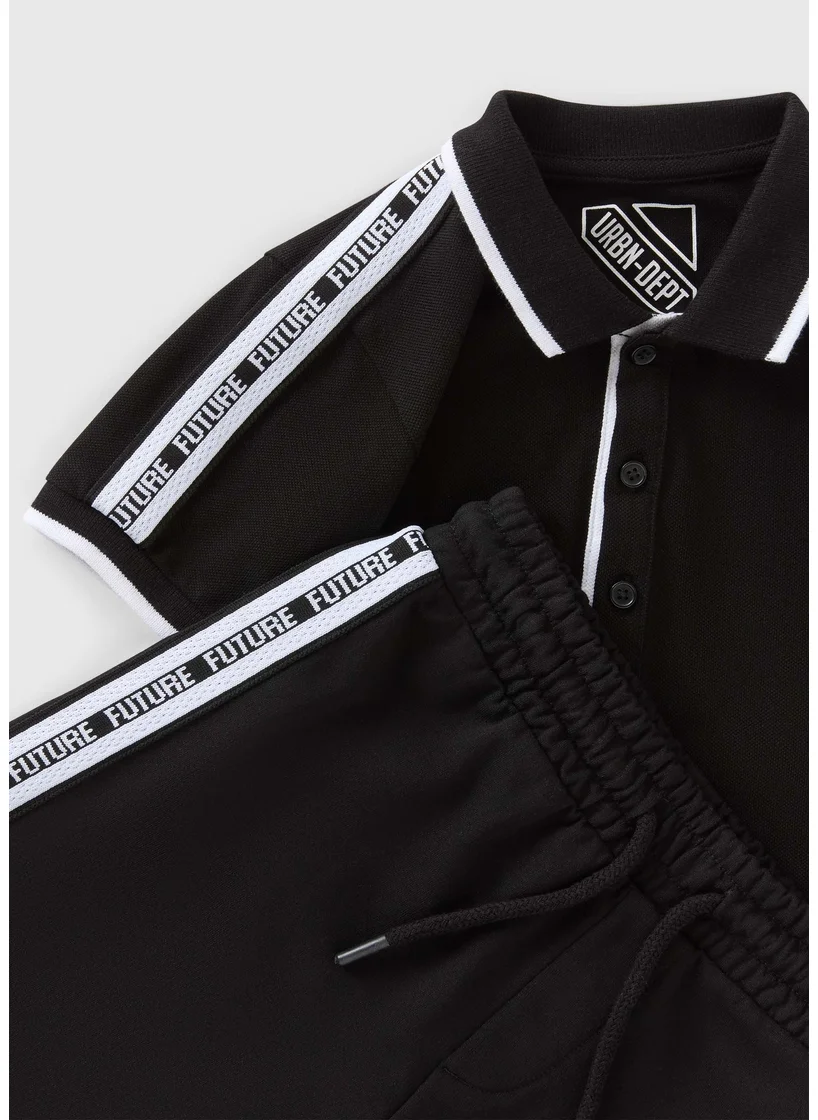 Matalan Boys Black Taped Polo & Shorts Set