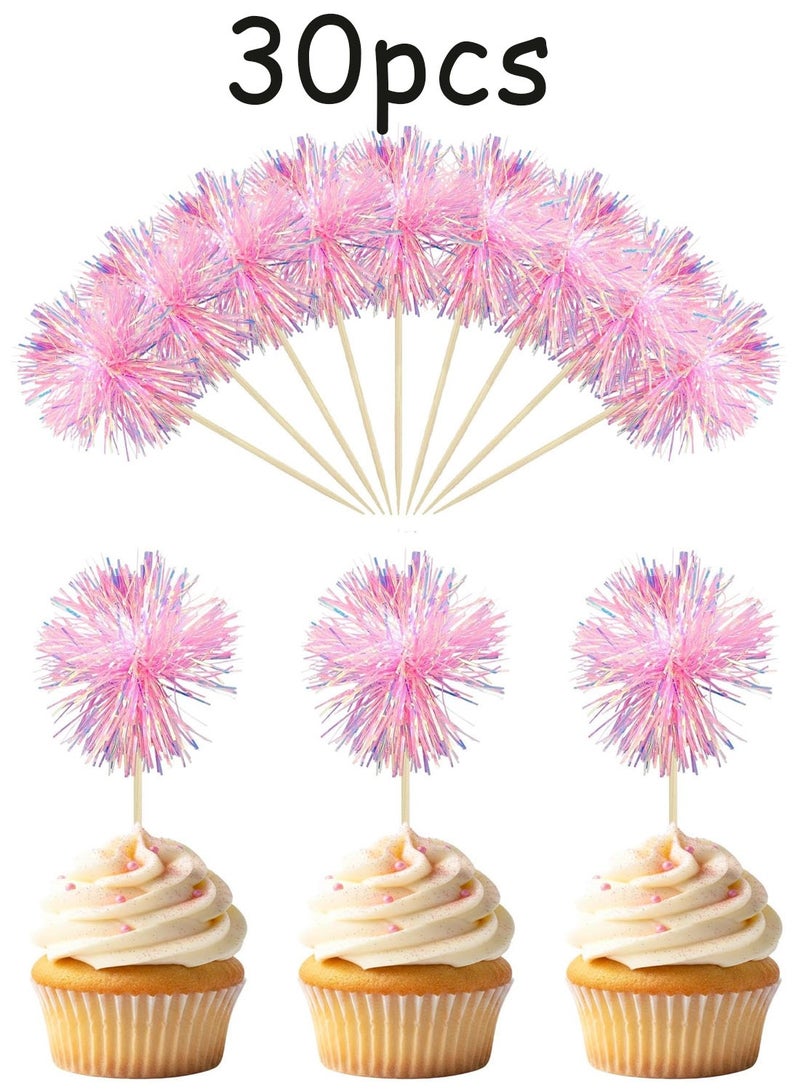 30 PCS Foil Firework Cupcake Toppers, Sparkle Tinsel Cake Toppers Tinsel Drink Cake Decoration Cocktail Picks For Birthday Wedding Graduation Party Supplies - Image 1