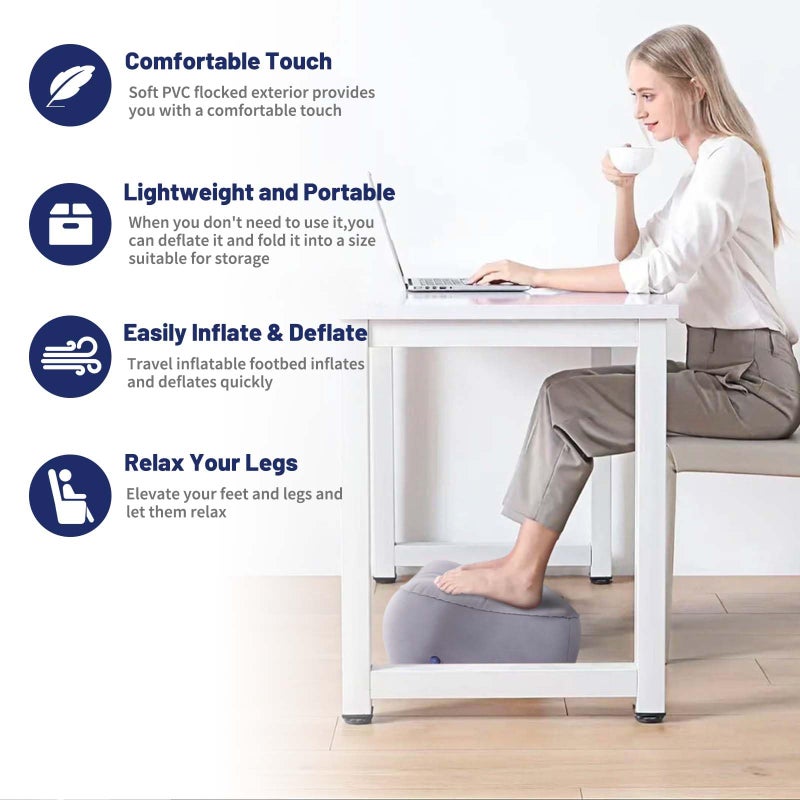 Ruheaou Inflatable Foot Rest Pillow for Air Travel, Airplane Foot Rest Pillow, Adjustable Height Leg Pillow Airplane Bed for Kids Toddler Suitable for Plane, Car, Train (Gray) 2count - Image 2