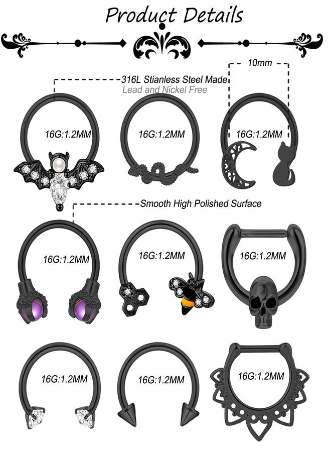 LOREMOW 9 PCS 16G Stainless Steel Horseshoe Septum Rings for Women Cartilage Helix Tragus Earrings Daith Earrings Hoop Snake Bat Gothic Piercing Jewelry B - Image 4