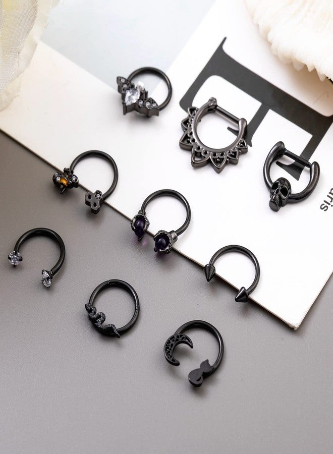 LOREMOW 9 PCS 16G Stainless Steel Horseshoe Septum Rings for Women Cartilage Helix Tragus Earrings Daith Earrings Hoop Snake Bat Gothic Piercing Jewelry B - Image 2
