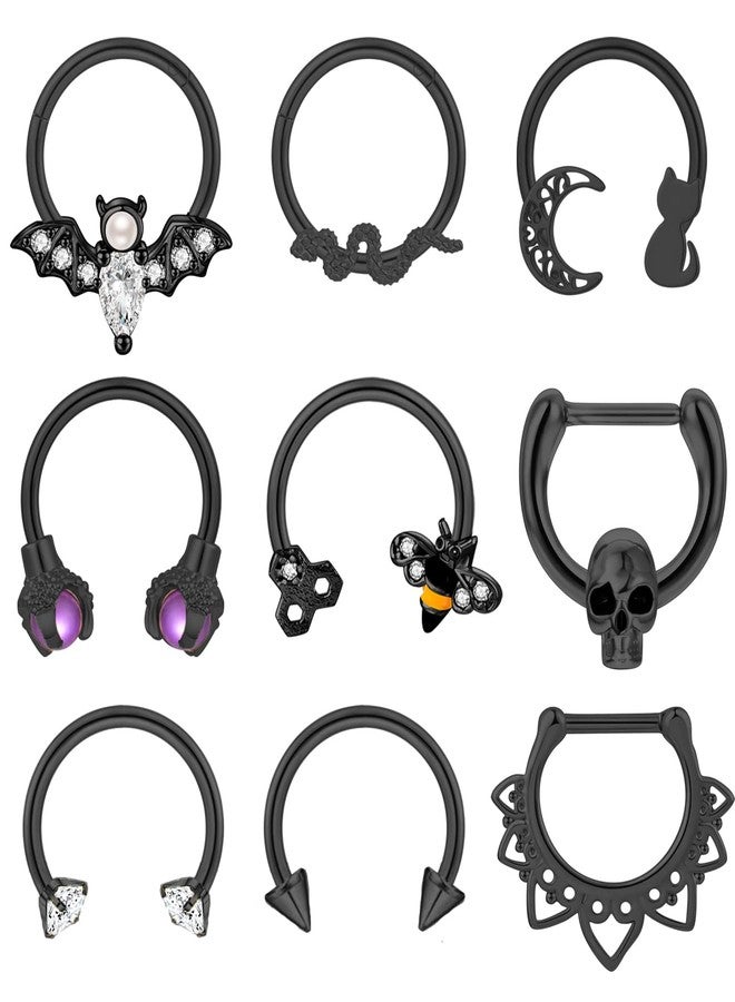 LOREMOW 9 PCS 16G Stainless Steel Horseshoe Septum Rings for Women Cartilage Helix Tragus Earrings Daith Earrings Hoop Snake Bat Gothic Piercing Jewelry B - Image 1
