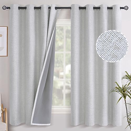 YoungsTex Linen Textured Blackout Curtains for Bedroom Full Room Darkening Linen Window Curtain Drapes with Thermal Insulated Liner for Farmhouse Grommet 2 Panels 52 X 63 Inch Birch