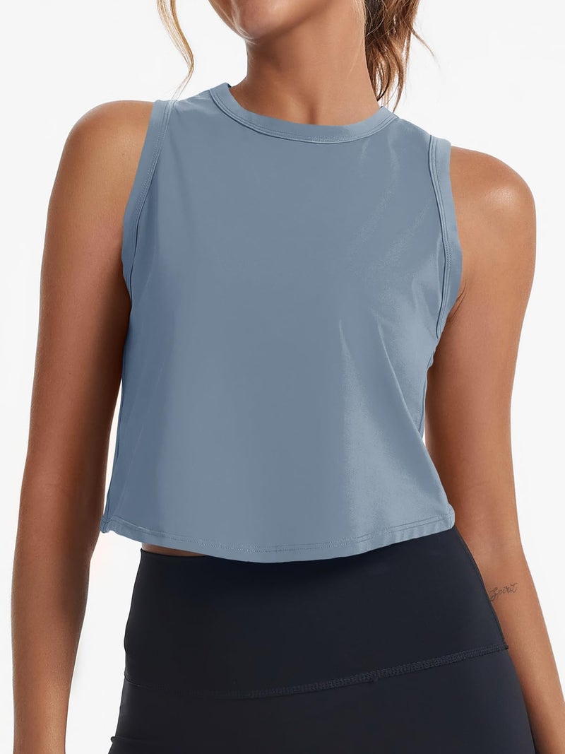 Fisoew Womens Workout Cropped Tank Tops Racerback Sleeveless Crewneck Running Yoga Active Shirts - Image 3