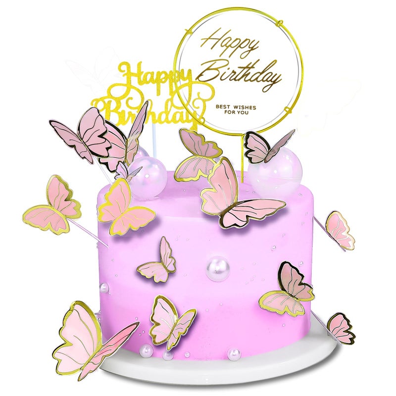 WOW DING 60Pcs Butterfly Cupcake Topper Pink Gold, Lively 3D Butterflies with Happy Birthday Topper for Cake Decor Birthday Anniversary Kids Wedding Girl Women Party Wall Food Decorations ,Mixed Size - Image 1