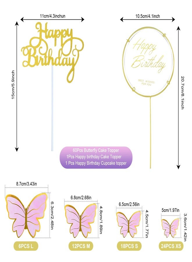 WOW DING 60Pcs Butterfly Cupcake Topper Pink Gold, Lively 3D Butterflies with Happy Birthday Topper for Cake Decor Birthday Anniversary Kids Wedding Girl Women Party Wall Food Decorations ,Mixed Size - Image 2