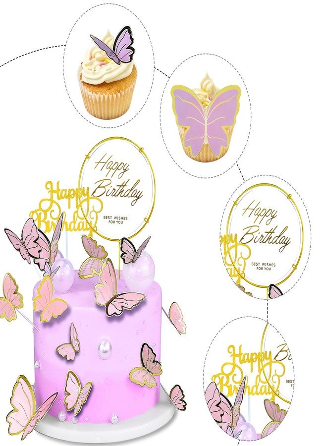 WOW DING 60Pcs Butterfly Cupcake Topper Pink Gold, Lively 3D Butterflies with Happy Birthday Topper for Cake Decor Birthday Anniversary Kids Wedding Girl Women Party Wall Food Decorations ,Mixed Size - Image 4