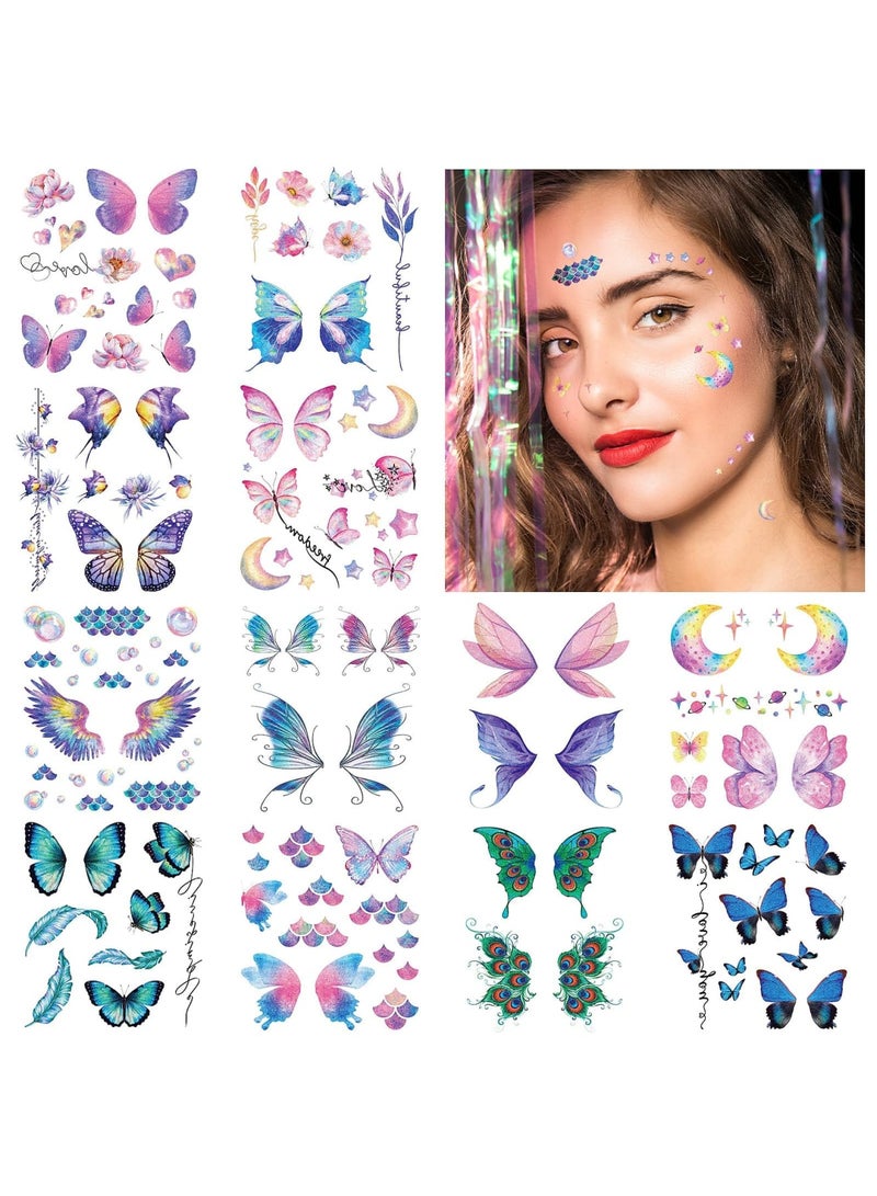 Barakah 100Pcs Tiny Waterproof Face Temporary Tattoos, Bling Butterfly Face Freckle Tattoo Stickers - Art Fake Arm Tattoo Sticker, Glitter Metallic Temporary Tattoos for Women Makeup Birthday Rave(12 Sheet) - Image 1