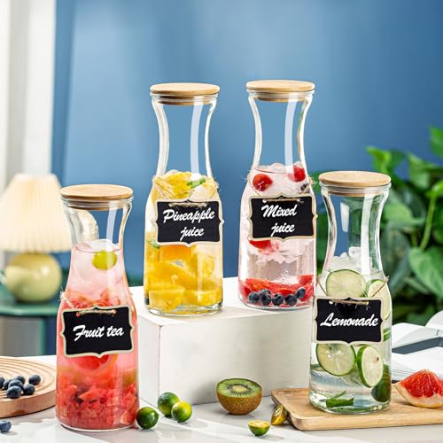 Facilfeliz Glass Carafe Pitchers with Bamboo Lids, 4 pcs 1 Liter Beverage Serveware Pitcher Carafe Set for Mimosa Bar, Juice Container for Brunch, Cold Water, Juice -With 4 Wooden Chalkboard Tags - Image 3