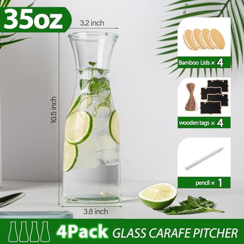 Facilfeliz Glass Carafe Pitchers with Bamboo Lids, 4 pcs 1 Liter Beverage Serveware Pitcher Carafe Set for Mimosa Bar, Juice Container for Brunch, Cold Water, Juice -With 4 Wooden Chalkboard Tags - Image 2
