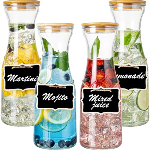 Facilfeliz Glass Carafe Pitchers with Bamboo Lids, 4 pcs 1 Liter Beverage Serveware Pitcher Carafe Set for Mimosa Bar, Juice Container for Brunch, Cold Water, Juice -With 4 Wooden Chalkboard Tags - Image 1