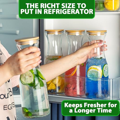 Facilfeliz Glass Carafe Pitchers with Bamboo Lids, 4 pcs 1 Liter Beverage Serveware Pitcher Carafe Set for Mimosa Bar, Juice Container for Brunch, Cold Water, Juice -With 4 Wooden Chalkboard Tags - Image 4