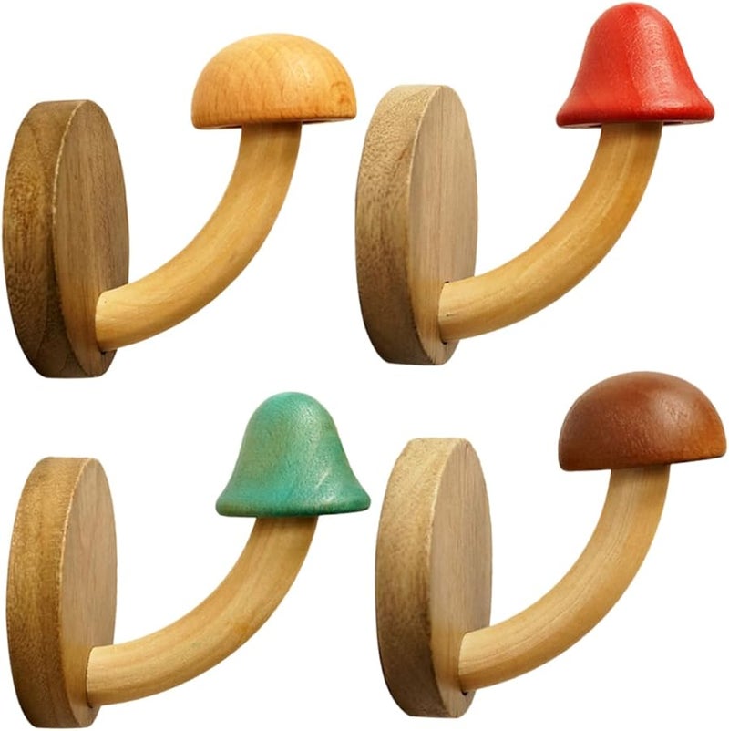4Pcs Solid Wood Mushroom Wall Hooks No Drill Coat Hat Hangers For Kitchen Bathroom Bedroom Door - Image 1