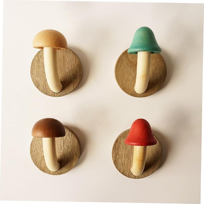 4Pcs Solid Wood Mushroom Wall Hooks No Drill Coat Hat Hangers For Kitchen Bathroom Bedroom Door - Image 5