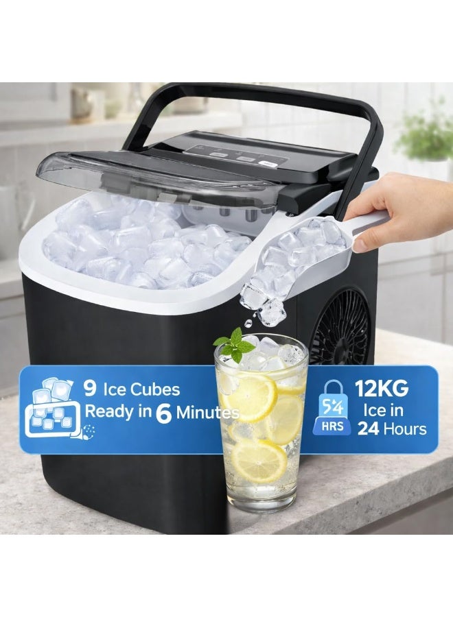 FDTY Countertop Ice Maker Machine – 12kg/24H Quick Ice Maker, 9 Cubes in 6 Min, Self-Cleaning, Portable with Handle, Ice Scoop & Basket, Small & Large Cubes, Home/Kitchen/Office/Bar (BLACK) - Image 5